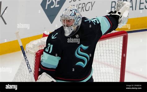 Seattle Kraken Goaltender Philipp Grubauer 31 Looks On Against The