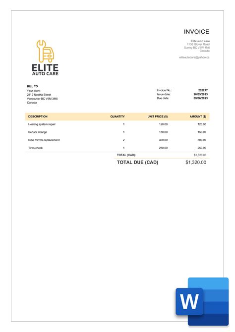 Word Invoice Template Canada Free Editable Billdu