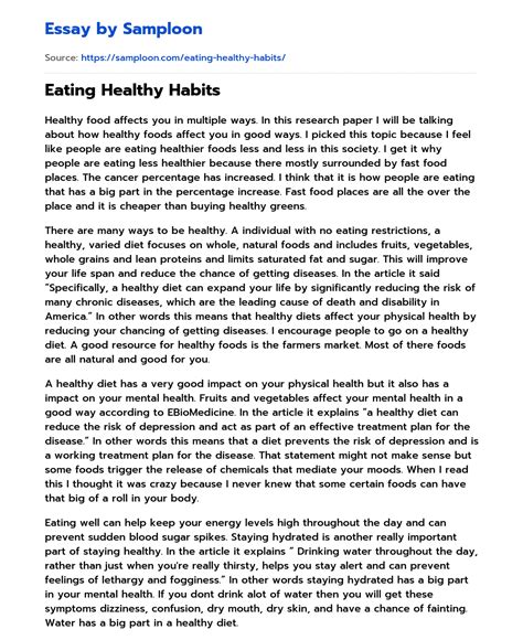 ≫ Eating Healthy Habits Free Essay Sample On