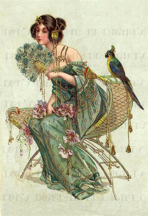 Rare Gorgeous Art Nouveau Lady Vintage Digital Illustration Digital