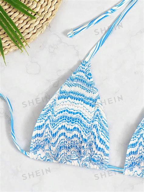 SHEIN Swim Vcay Fluid Bikini Set Smocked Halter Triangle Bra Top Tie