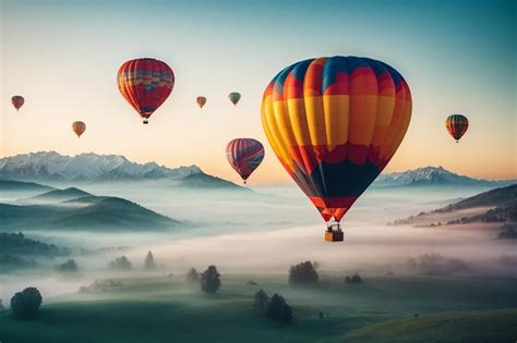 Premium Ai Image Landscape Of Morning Fog And Mountains With Hot Air