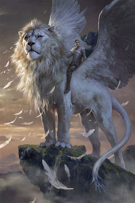 HD wallpaper: concept art, Chimera, lion, wings, feathers, moss, cliff, leather armor ...