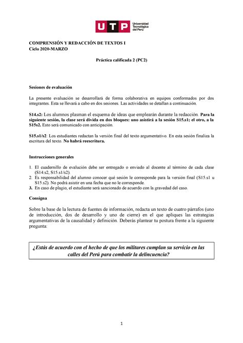 Practica Calificada De Redacción I ComprensiÓn Y RedacciÓn De Textos