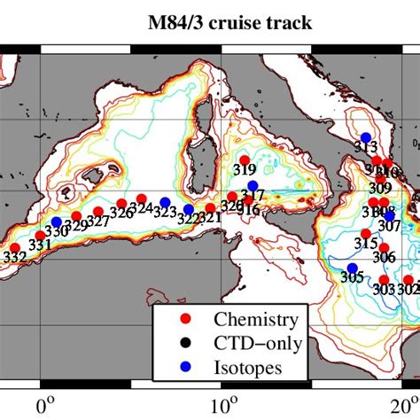 Cruise Track Of M84 3 With CTD Stations Marked In Different Colors