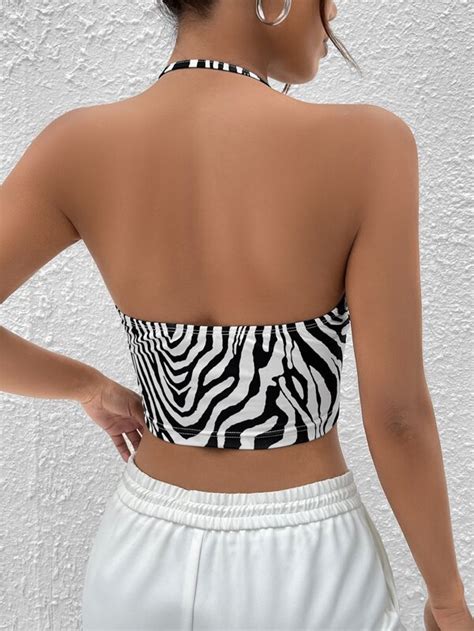 SHEIN EZwear Zebra Striped Backless Crop Halter Top SHEIN UK