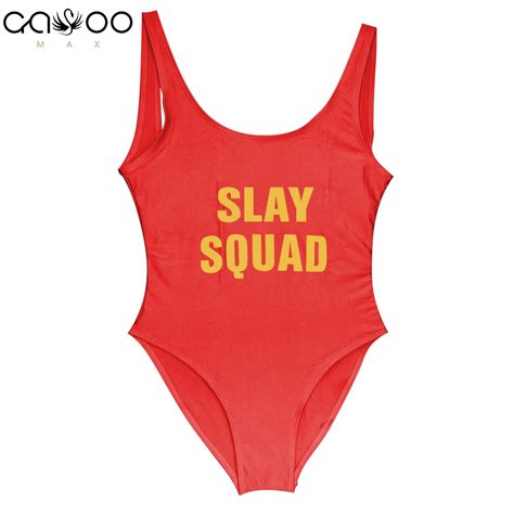 Slay Squad Golden Color Funny Letter Print Swimwear Women One Piece