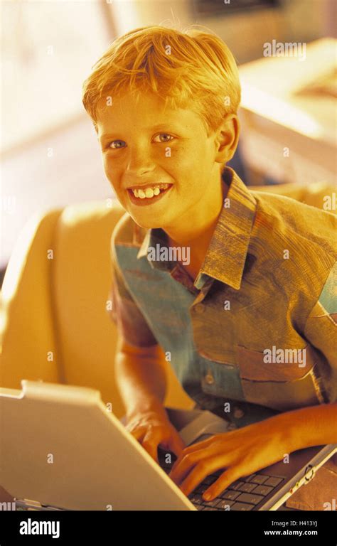 Sofa Boy Smile Play Laptop Data Entry Portrait Child 6 12