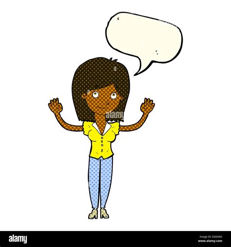 Cartoon Woman Holding Up Hands With Speech Bubble Stock Vector Image