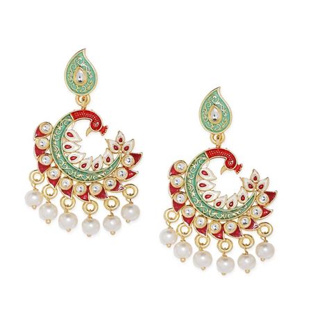 Fabula Red Green Meenakari Enamel Peacock Design With Kundan Pearls