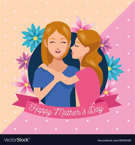 Mother And Daughter Cartoon With Flowers And Leaves Design Happy