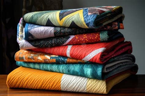 Stack Of Folded Quilts Showcasing Various Patterns Stock Illustration