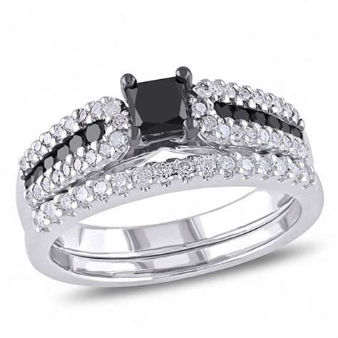 1 CT T W Enhanced Black And White Diamond Bridal Set In Sterling