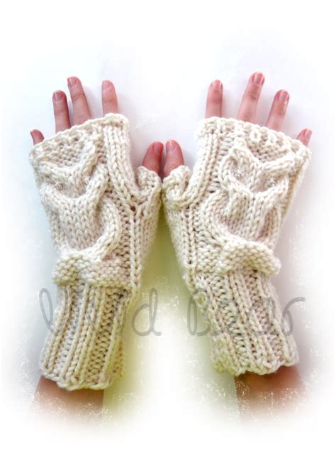 Knit Owl Cable Fingerless Gloves Ivory Or 44 Colors Arm Etsy