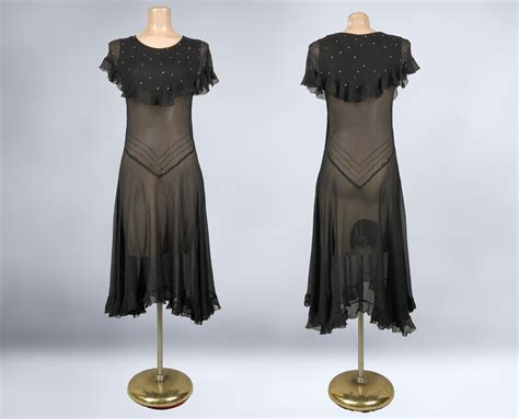 Vintage 20s Sheer Black Silk Art Deco Drop Waist Dress With Rhinestone