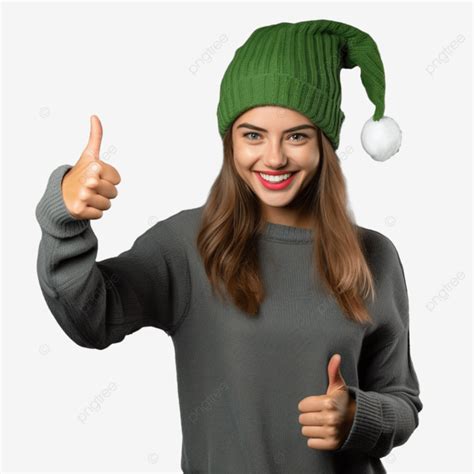 Chica Con Sombrero De Navidad Sobre Verde Aislado Haciendo Un Gesto De