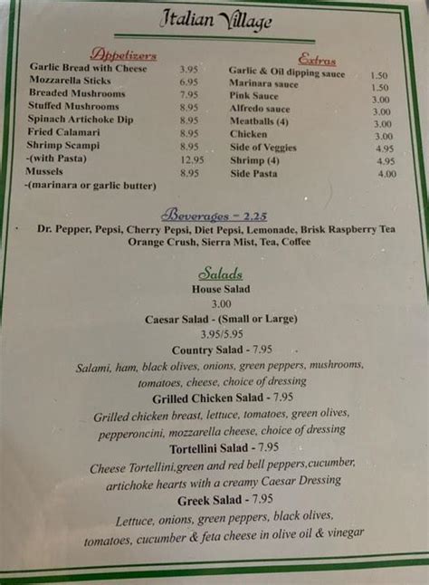 Menu at Italian Village restaurant, Corsicana