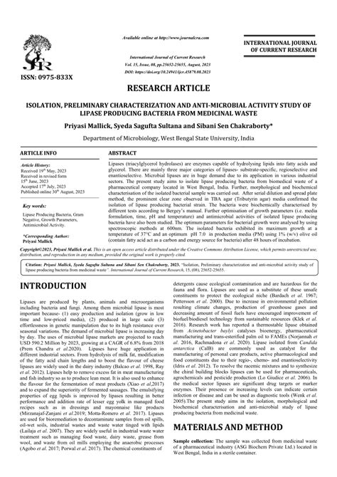 Pdf Isolation Preliminary Characterization And Anti Lipase Producing