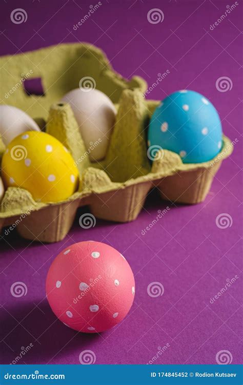 Colorful Polka Dot Easter Eggs In Egg Tray On Purple Violet Plain