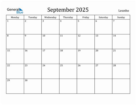September 2025 - Lesotho Monthly Calendar with Holidays
