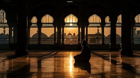 A Man Sits In Front Of A Mosque With A Sunset In The Background