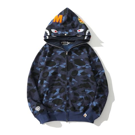 Bape Shark Cotton Hoodie Street Fashion Camouflage Double Hooded Blue