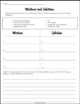 Mixtures And Solutions Sort Worksheet Activity And Craftivity Tpt