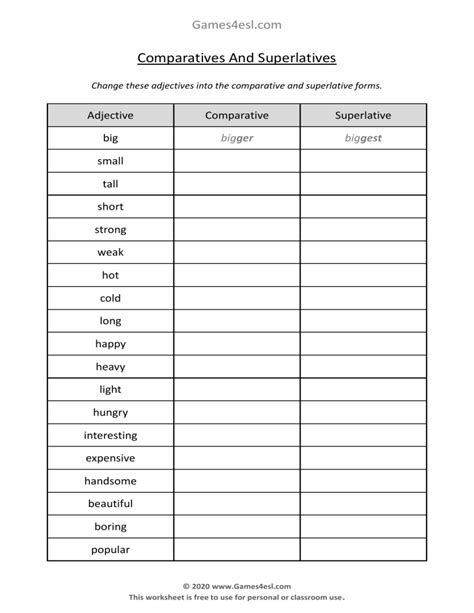 Comparative And Superlative Exercise Worksheet