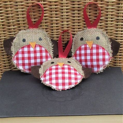 Rustic Christmas Robin Hanging Decoration In Hessian And Red Gingham