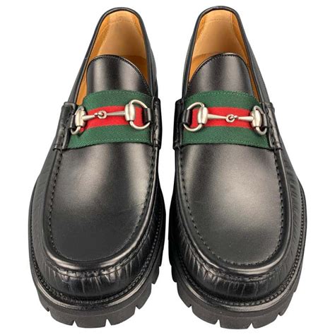 Gucci Size 10 Black Leather Web Horsebit Lug Sole Loafers At 1stdibs