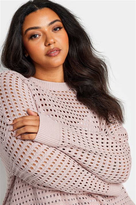 Yours Plus Size Pink Side Split Crochet Jumper Yours Clothing