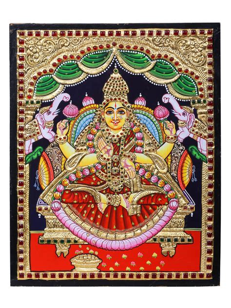 Four Arms Goddess Gajalakshmi Tanjore Painting Traditional Colors