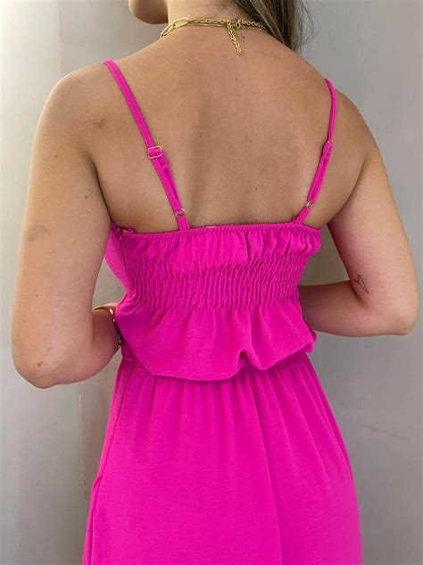 Vestido Midi Decote Vazado Argola Lastex Alcinha Babados Pink Neon