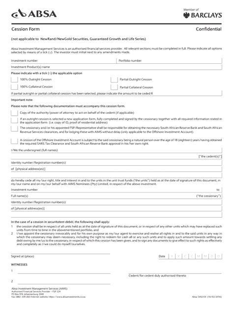 Fillable Online Absainvestments Co Cession Form Confidential