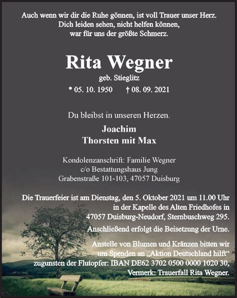 Traueranzeigen Von Rita Wegner Trauer In NRW De