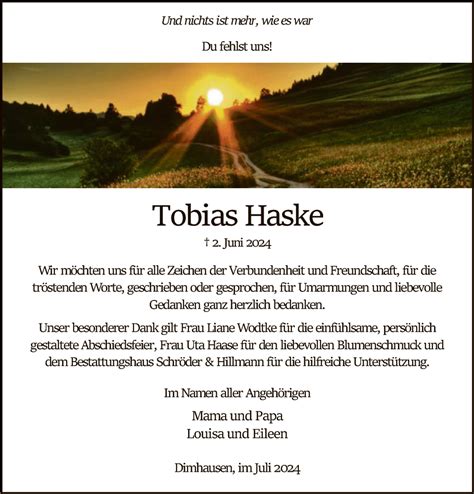 Traueranzeigen Von Tobias Haske Trauer Kreiszeitung De