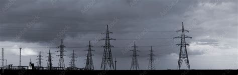 Power Station In The Steppe Power Lines And Sky With Clouds High