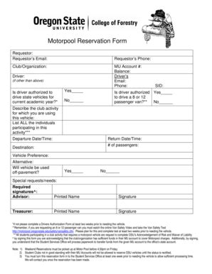 Fillable Online Studentservices Forestry Oregonstate Motorpool