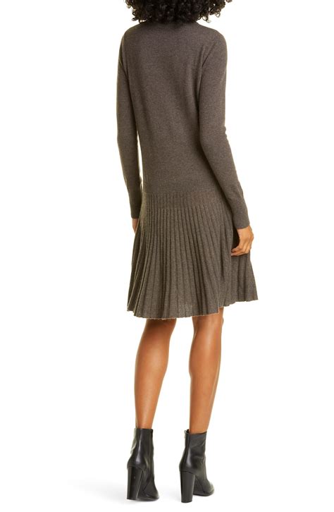 Autumn Cashmere Pleated Drop Waist Long Sleeve Cashmere Sweater Dress