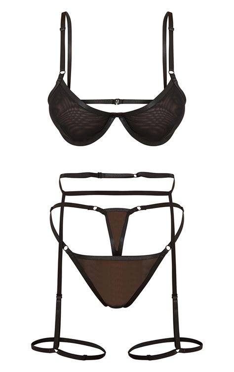 Black Strapping Underwired 3 Piece Lingerie Set Prettylittlething Aus