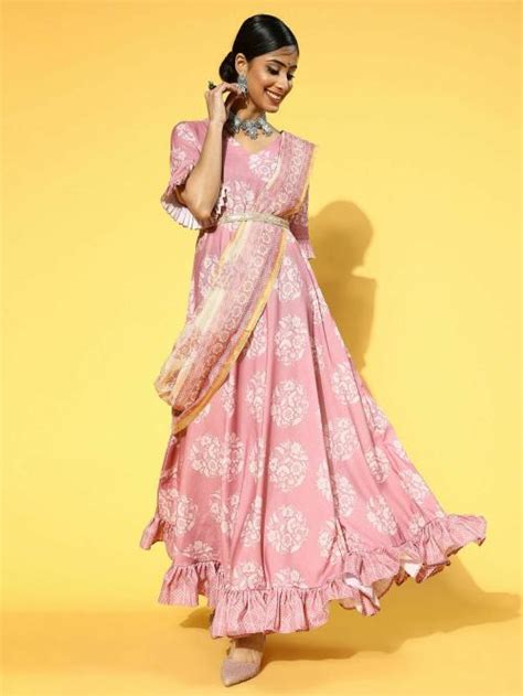 Buy Yufta Pink And White Ethnic Motifs Bell Sleeves Belted Ruffles