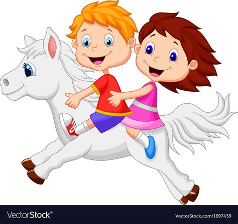 Cartoon boy and girl riding a pony horse Vector Image