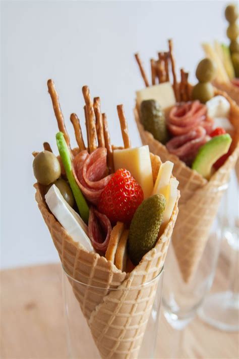 Waffle Grazing Cones With Olives Cheese Pickled Cucumbers Crackers