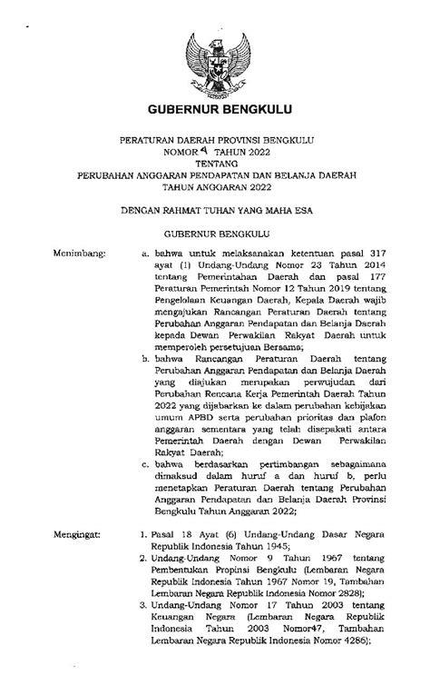 Peraturan Daerah Provinsi Bengkulu No 4 Tahun 2022 Tentang Perubahan