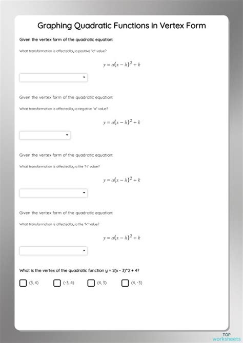 Graphing Quadratic Functions in Vertex Form. Interactive worksheet ...