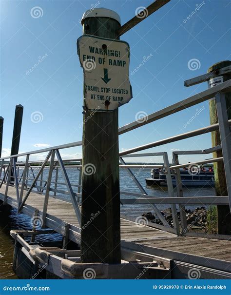 End of Boat Ramp Warning, Boat Docking, USA Editorial Stock Photo