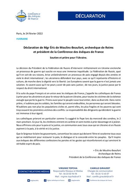 Soutien et prière pour lUkraine Déclaration de Mgr Éric de Moulins