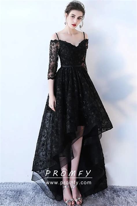 Black Lace Cold Shoulder Sleeved High Low Prom Gown Promfy