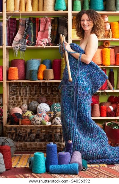 Naked Woman Standing Knitted Item Standing Stock Photo