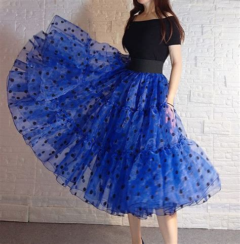 Women Royal Blue Polka Dot Tulle Skirt Party Midi Skirt High Waisted A